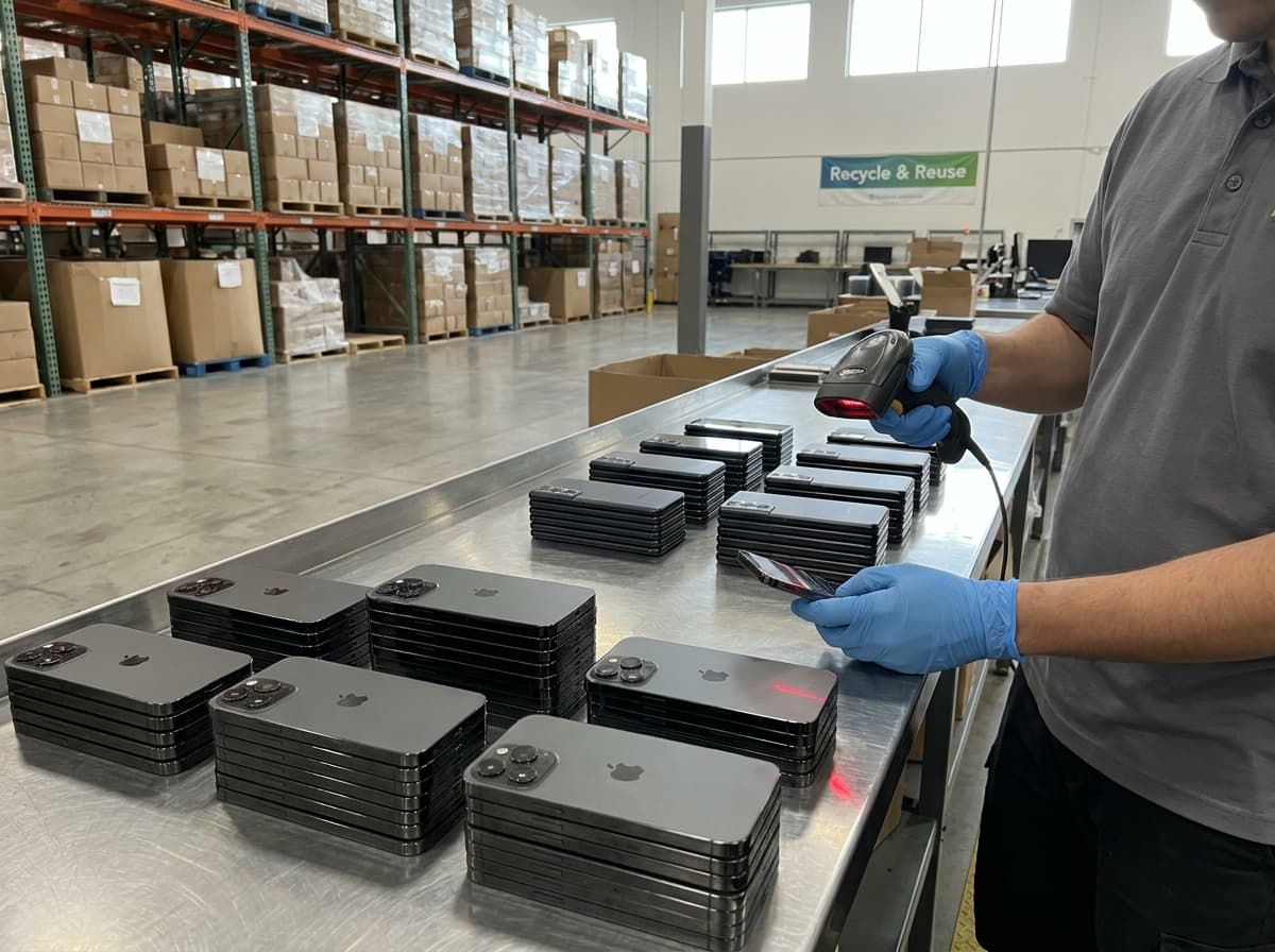 Inventaire d'un parc de smartphones d'entreprise : technicien scannant chaque appareil au lecteur de code-barres